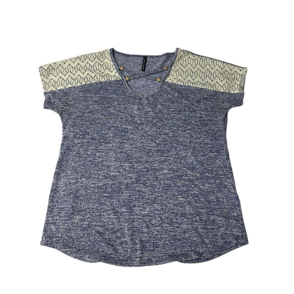 Bleecker & McDougal Blue Marled Lace Shoulder V-Neck Top Size M Crisscross Neck
